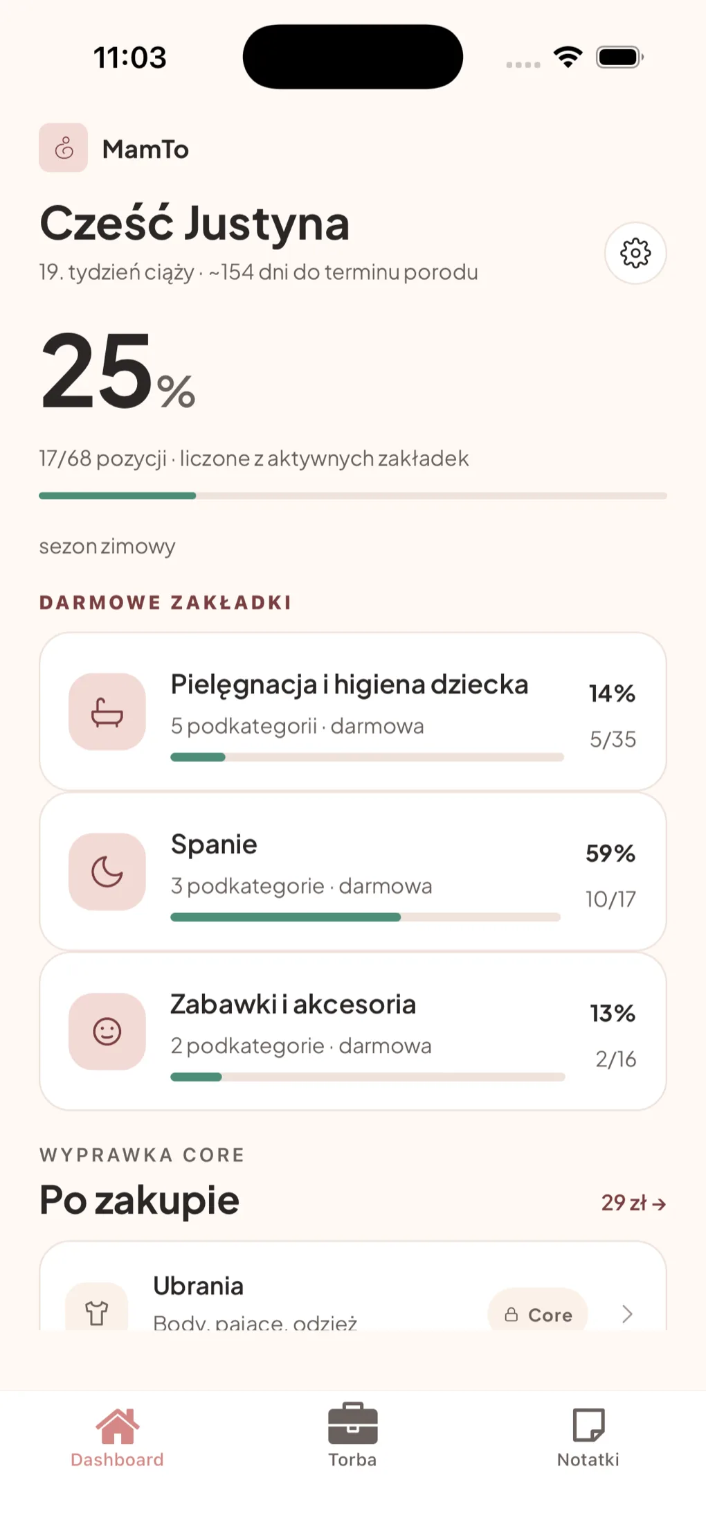 Ekran główny aplikacji MamTo: postęp 25 procent, 17 z 68 pozycji, lista darmowych zakładek Pielęgnacja, Spanie i Zabawki z paskami postępu oraz zablokowana sekcja Wyprawka Core.