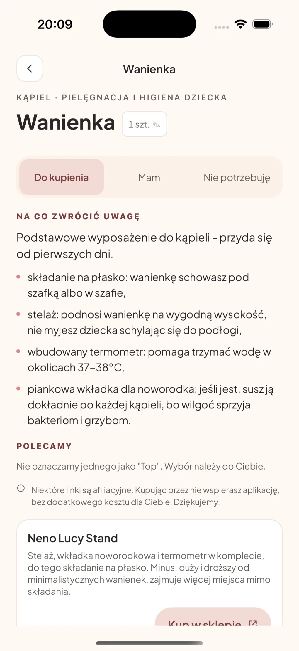 Szczegóły produktu Wanienka: sekcja na co zwrócić uwagę z listą kryteriów oraz karta polecanego modelu z opisem zalet i wprost nazwanym minusem.